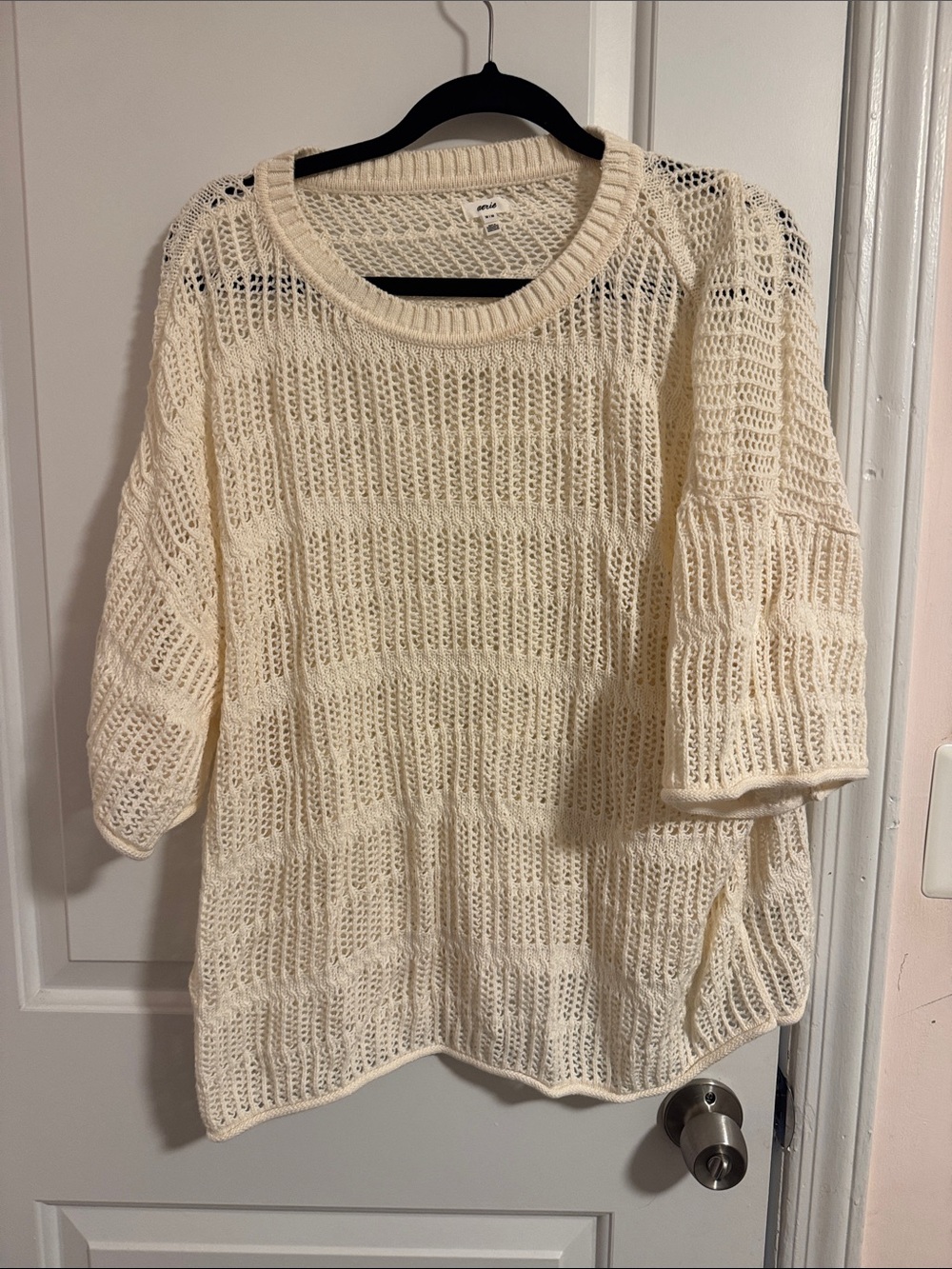 aerie Cream Open-Knit Crewneck Sweater